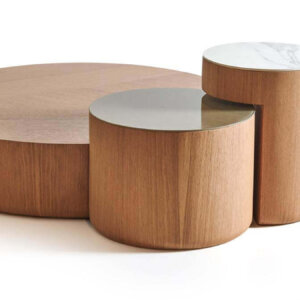 طقم طاولات قهوة متداخلة خشب بلوط طبيعي – 3 قطع بزجاج أو رخام