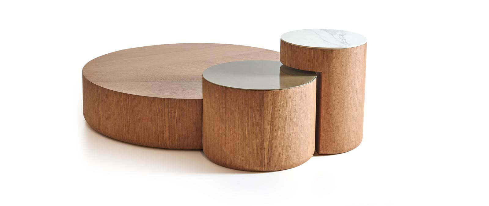 طقم طاولات قهوة متداخلة خشب بلوط طبيعي – 3 قطع بزجاج أو رخام